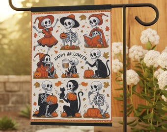 May include: A Halloween garden flag with a collage of skeleton characters in different poses, such as reading, holding pumpkins, and drinking coffee. The words "Happy Halloween" are printed on the flag. The flag is displayed on a black metal stand.
