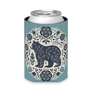 Black Bear Can Cooler: Insulated Floral Beverage Holder