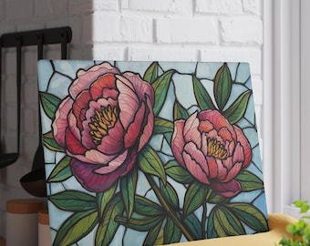 Tabla de cortar de vidrio templado con mosaico de peonías rosas - Bandeja de servir floral