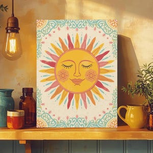 Smiling Sun Wall Art - Stretched Canvas Print, Boho Home Decor image 1