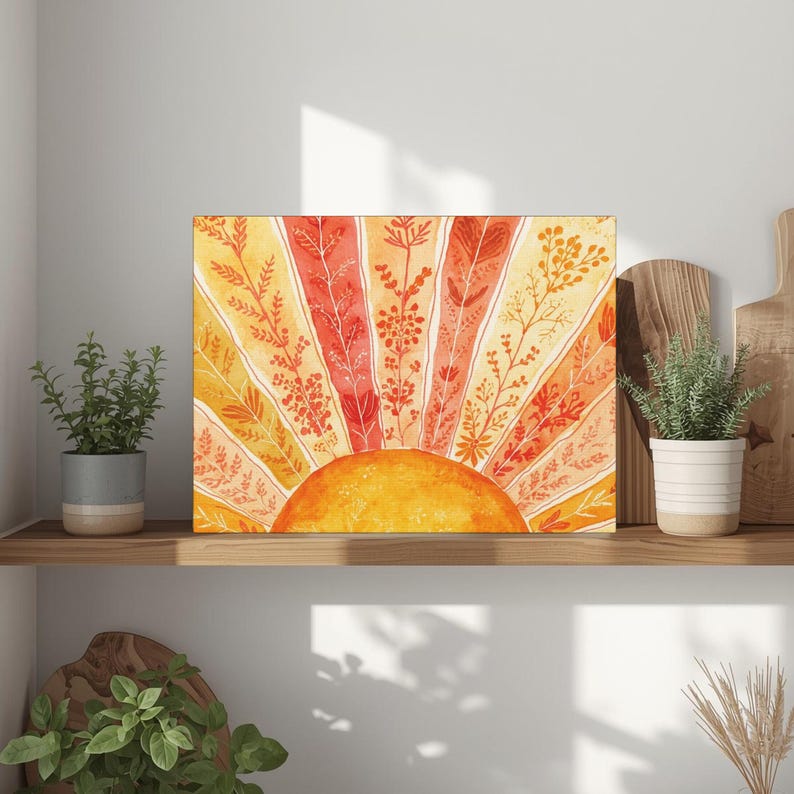 Sunburst Watercolor Stretched Matte Canvas Wall Art - Boho Decor Wall Hanging