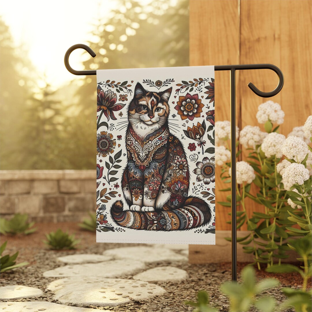 Calico Cat Garden Flag, Boho Cat Banner for House, Outdoor Decor, Yard ...