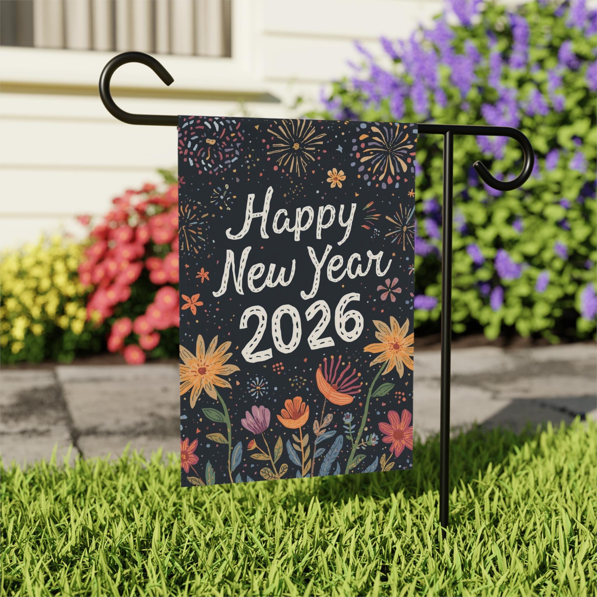 Discover Happy New Year 2026 Garden Flag, Floral Fireworks Flag