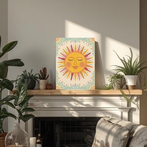 Smiling Sun Wall Art - Stretched Canvas Print, Boho Home Decor image 8