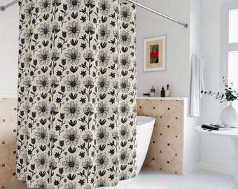 Boho bloemen douchegordijn: zwart-wit botanisch badkamerdecor