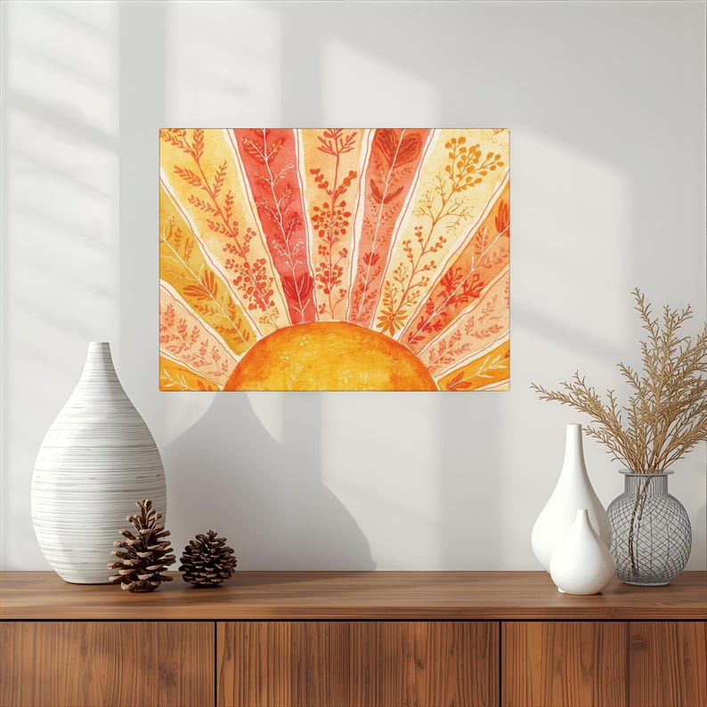 Arte de pared en lienzo mate estirado con acuarela Sunburst - Decoración bohemia para colgar en la pared imagen 2