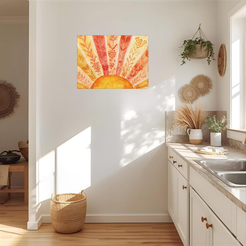 Arte de pared en lienzo mate estirado con acuarela Sunburst - Decoración bohemia para colgar en la pared imagen 4
