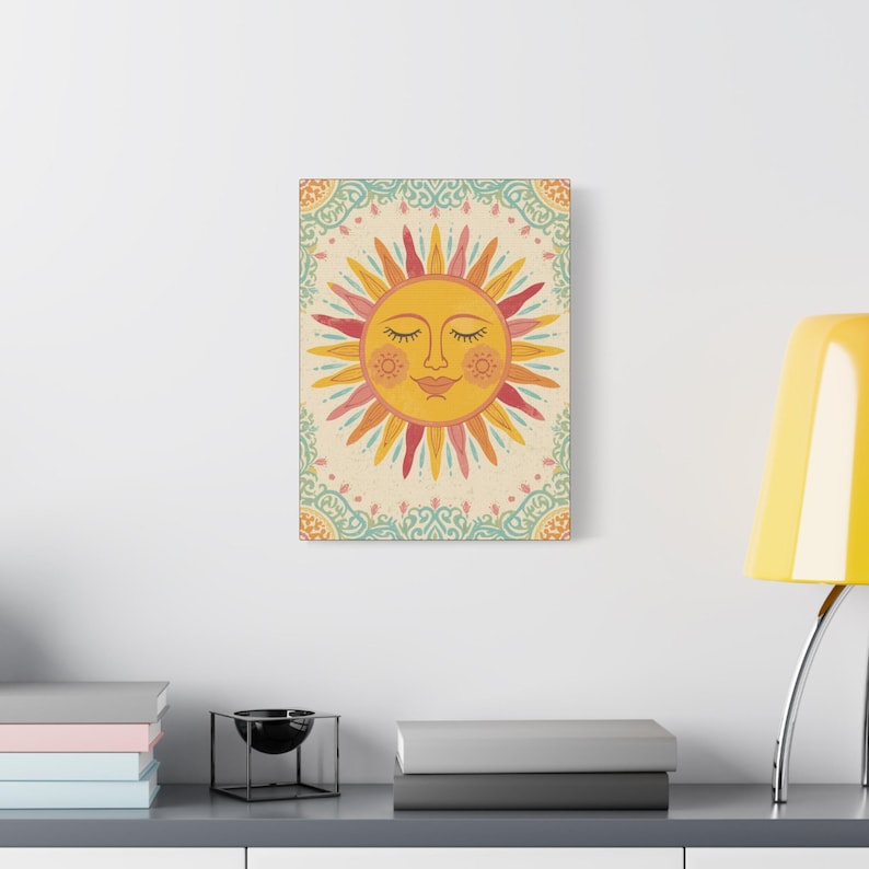 Smiling Sun Wall Art - Stretched Canvas Print, Boho Home Decor image 6