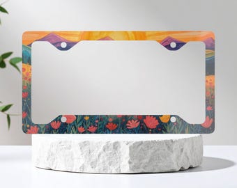 Cornice portatarga in metallo Sunset Meadow - Decorazione per auto in stile boho