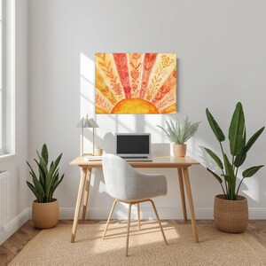 Arte de pared en lienzo mate estirado con acuarela Sunburst - Decoración bohemia para colgar en la pared imagen 3