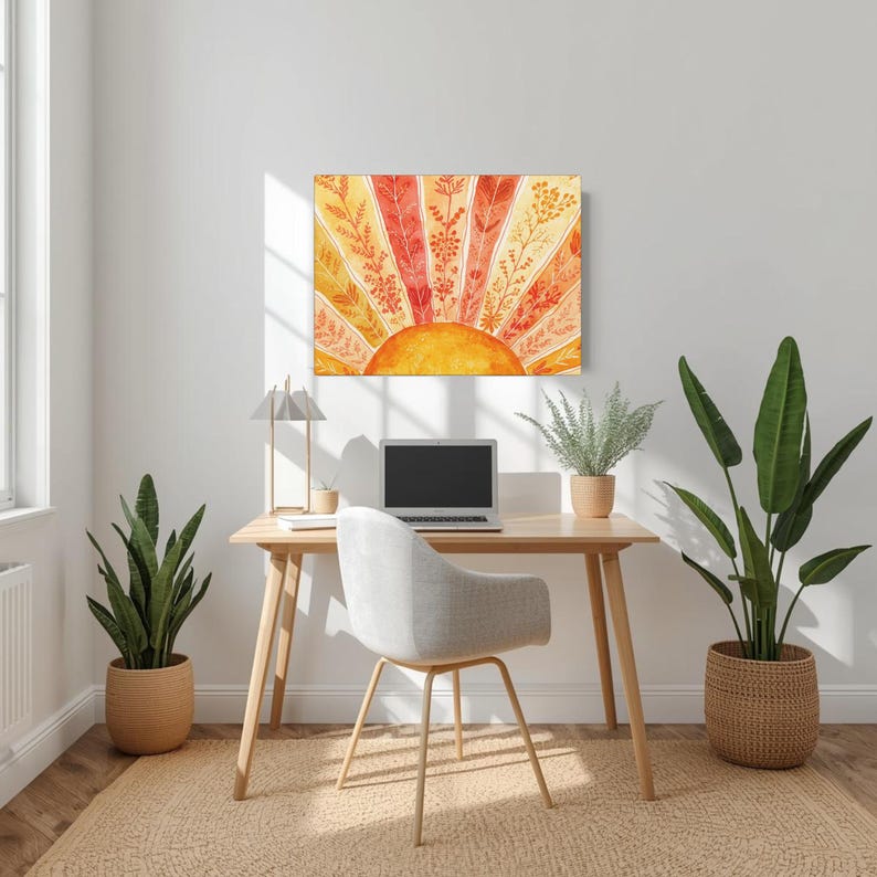 Arte de pared en lienzo mate estirado con acuarela Sunburst - Decoración bohemia para colgar en la pared imagen 3