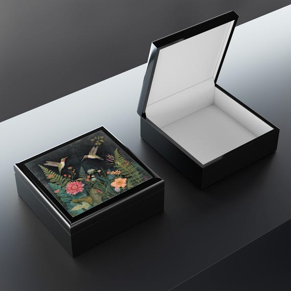 Wood Jewelry Box - Floral Hummingbird Keepsake Trinket Box