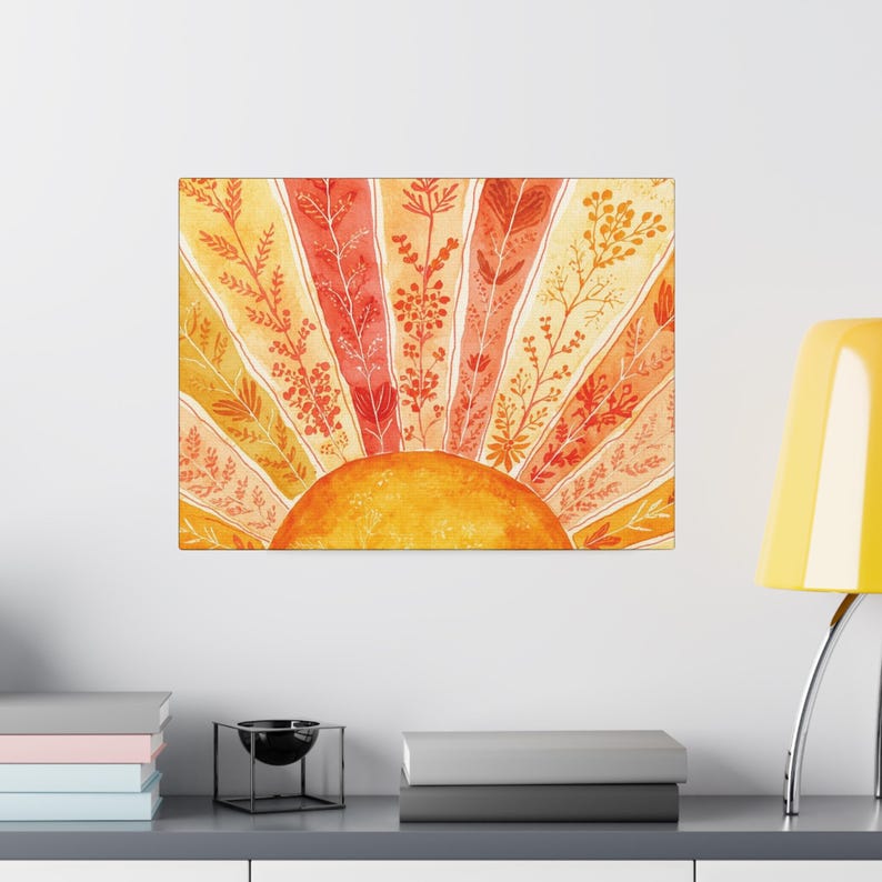 Arte de pared en lienzo mate estirado con acuarela Sunburst - Decoración bohemia para colgar en la pared imagen 5