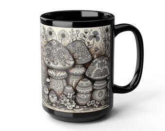 Mushroom Ceramic Coffee Mug: 15oz Black Boho Kitchen Decor