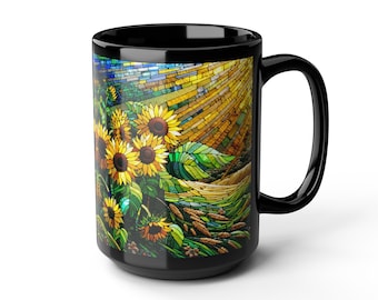 Sunflower Ceramic Coffee Mug: Stained Glass Look, 15 oz