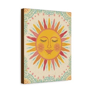 Smiling Sun Wall Art - Stretched Canvas Print, Boho Home Decor image 3