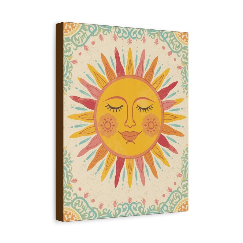 Smiling Sun Wall Art - Stretched Canvas Print, Boho Home Decor image 3