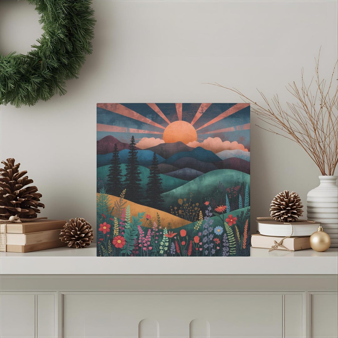 Mountain Sunrise Landscape Canvas Wall Art - Bohemian Decor, Nature ...