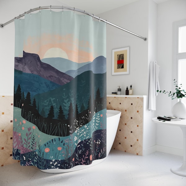 Folk Art Mountain Landscape Fabric Shower Curtain - Colorful Boho Bathroom Decor