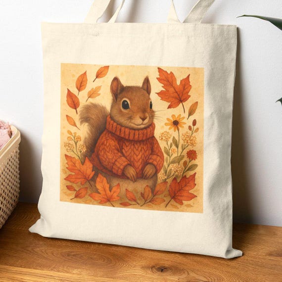 Autumn Squirrel Tote Bag: 100% Cotton Canvas Eco-Friendly Shopping Bag