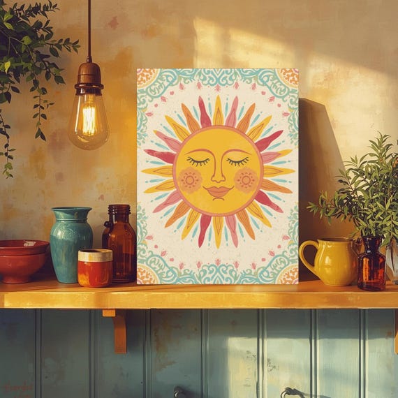 Smiling Sun Wall Art - Stretched Canvas Print, Boho Home Decor
