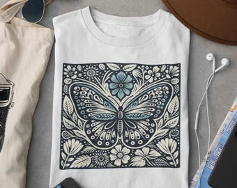 Linocut Butterfly T-Shirt, Boho Floral Graphic Tee