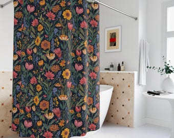 Cortina de ducha de tela con estampado floral colorido, decoración de baño bohemia