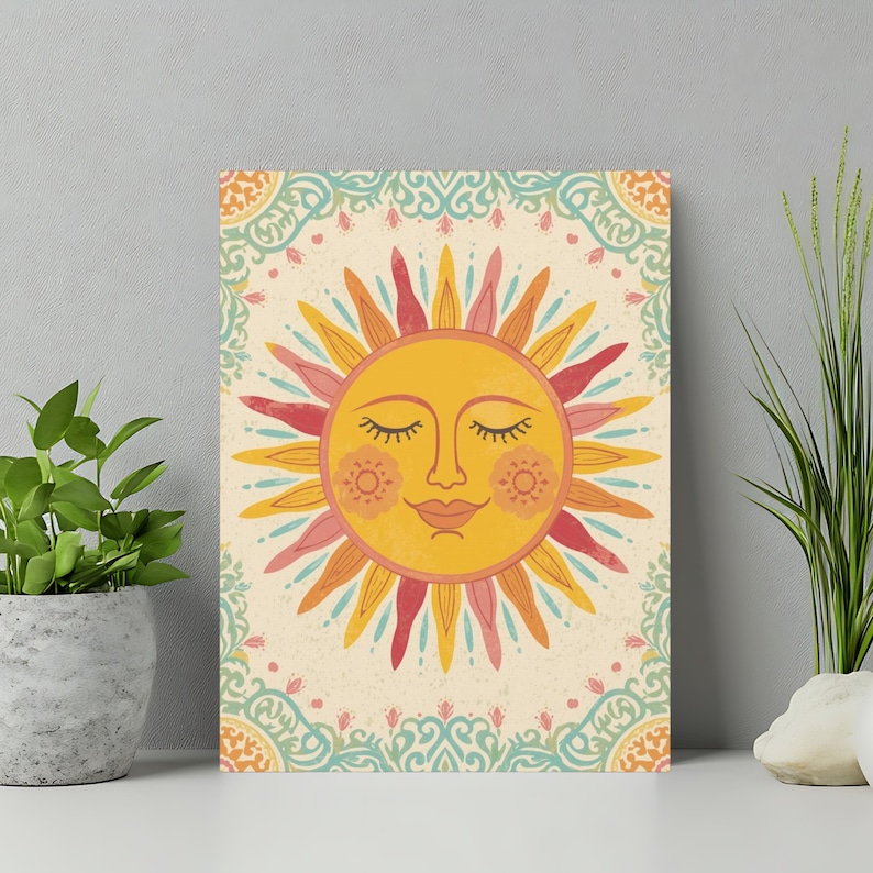 Smiling Sun Wall Art - Stretched Canvas Print, Boho Home Decor image 7