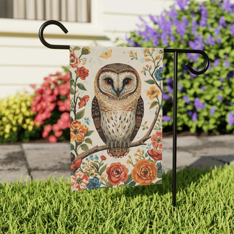 Bandera de jardín con diseño de lechuza común: decoración para el hogar primaveral imagen 2