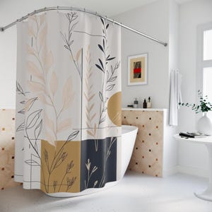 Boho Botanical Shower Curtain: Dark Blue & Mustard Yellow, Water-Resistant Fabric