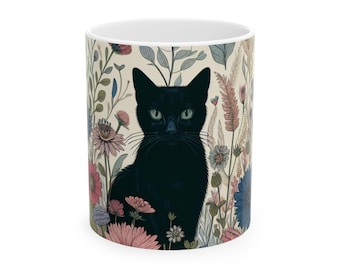 Floral Black Cat Coffee Mug - Ceramic Tea Cup