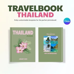 Può includere: Un modello di libro di viaggio per la Thailandia con una copertina verde. La copertina anteriore presenta la parola "THAILAND" in rosa, con un design floreale. La copertina posteriore ha un collage di foto. Il testo "TRAVELBOOK THAILAND" è in alto.