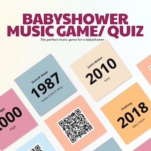 Op de afbeelding: Een babyshower muziekspel/quiz met kaarten met songtitels, artiesten en jaren. De tekst "BABYSHOWER MUSIC GAME/ QUIZ" staat bovenaan. Het spel bevat een QR-code en diverse pastelkleurige kaarten.