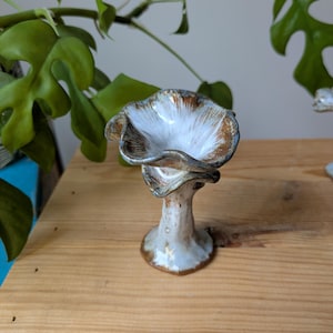 May include: A handmade ceramic flower-shaped sculpture with a white interior and brown and blue edges. The sculpture sits on a wooden surface, with green leafy plants in the background. The sculpture is approximately 4 inches tall.