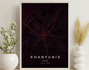 Mapa de Khan Younis, póster de Palestina, arte mural minimalista, impresión de mapa de ciudad, decoración moderna.
