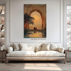 Eternal Companions Mughal Art Canvas | Romantic Indian Wall Decor | Cultural Architecture Print | Teal & Amber Oriental Canvas Art image 2
