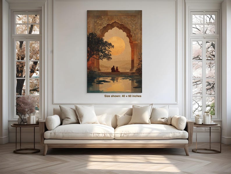 Eternal Companions Mughal Art Canvas | Romantic Indian Wall Decor | Cultural Architecture Print | Teal & Amber Oriental Canvas Art image 2