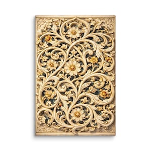 May include: A rectangular, cream-colored relief carving with an intricate floral design. The carving features swirling vines, leaves, and flowers with golden accents. The detailed relief work creates a three-dimensional effect, showcasing the craftsmanship.
