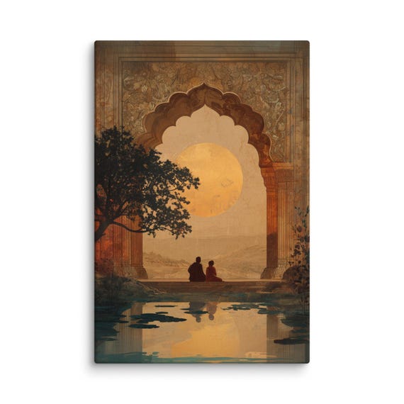 Eternal Companions Mughal Art Canvas | Romantic Indian Wall Decor | Cultural Architecture Print | Teal & Amber Oriental Canvas Art