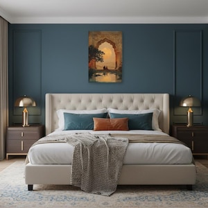 Eternal Companions Mughal Art Canvas | Romantic Indian Wall Decor | Cultural Architecture Print | Teal & Amber Oriental Canvas Art image 6