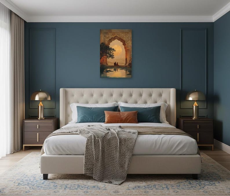 Eternal Companions Mughal Art Canvas | Romantic Indian Wall Decor | Cultural Architecture Print | Teal & Amber Oriental Canvas Art image 6
