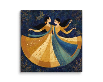 Mughal-Inspired Dance Canvas Print – Golden Teal Waltz, Ready to Hang