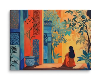 May include: A vibrant watercolor painting depicts a serene scene. A person in an orange dress sits on a ledge, facing away. The background features colorful walls, plants, and a warm, inviting light. The artwork evokes a sense of peace and tranquility.