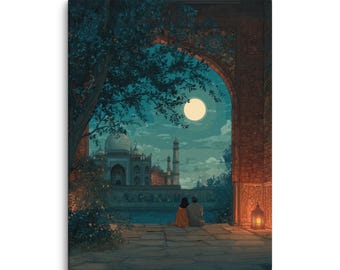 Moonlit Mughal Palace Canvas – Romantic Teal Architecture Wall Art