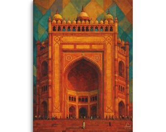 May include: A canvas print depicting a large, orange-red building with detailed architecture. The building features domes and arches, set against a geometric background. Figures of people are seen at the base of the structure.