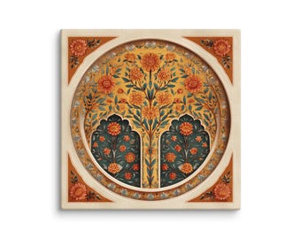 Golden Blossom Arch Mughal Floral Canvas Art – Indian Botanical Wall Decor