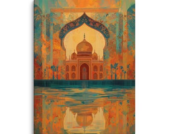 May include: A canvas print depicting the Taj Mahal. The artwork shows the monument reflected in water, with warm orange, teal, and gold tones. The image is framed by an ornate archway, creating a symmetrical composition.
