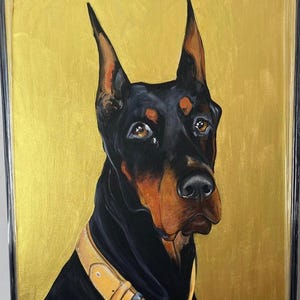 Doberman Portrait Painting – Acrylic on Canvas with Gold Background