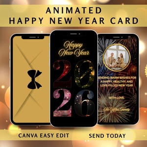 ハッピーニューイヤーアニメーションカード | ハッピー2026ビデオグリーティングEカード | 開封式封筒付きニューイヤーカード | デジタル編集可能テンプレート