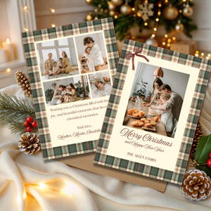 Pode incluir: Dois cartões de Natal com fotos de família e bordas xadrez. Um cartão tem várias fotos, o outro tem uma única foto. O texto nos cartões diz "Feliz Natal e Feliz Ano Novo" e "Desejando-lhe um Natal cheio de alegria."